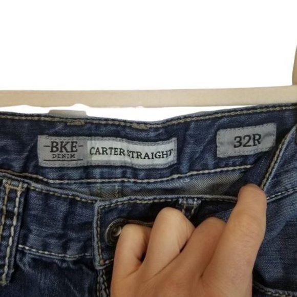 BKE Denim Mens 32R Blue Dark Wash Carter Straight Jeans Distressed Casual Pants - Picture 5 of 7